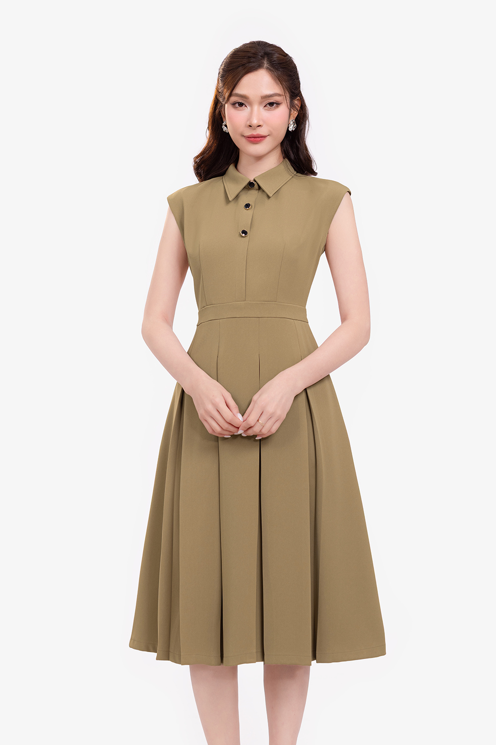 Đầm công sở dáng xoè xếp ly màu nâu