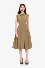 Đầm công sở dáng xoè xếp ly màu nâu