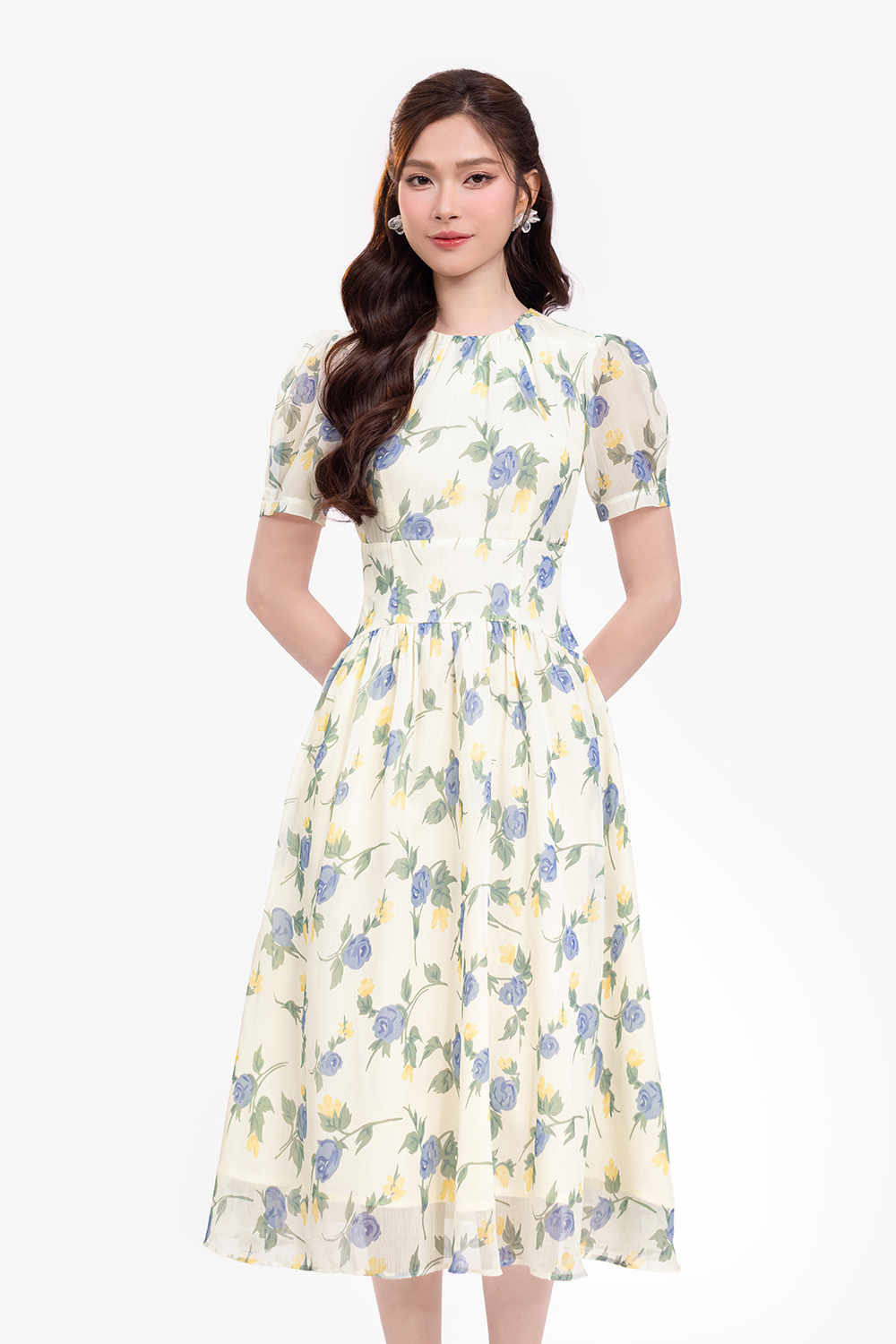 Đầm voan tơ họa tiết hoa dáng xòe
