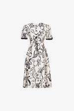 Đầm trắng họa tiết màu đen phối đăng ten