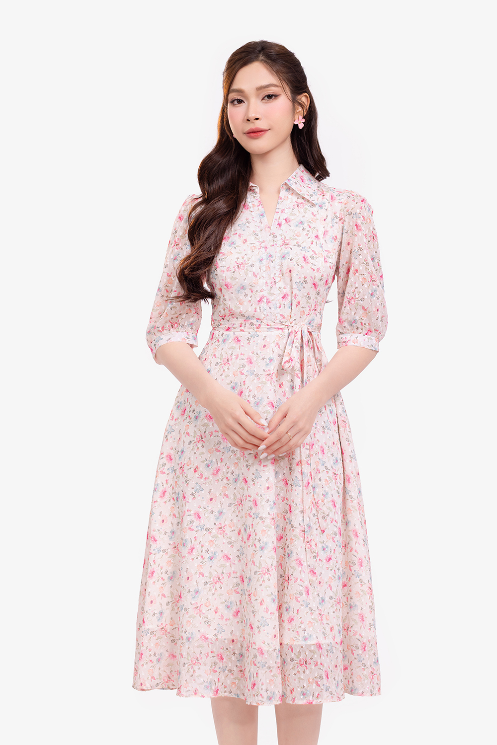 Đầm hoa dáng xoè nhấn eo nơ