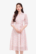 Đầm hoa dáng xoè nhấn eo nơ