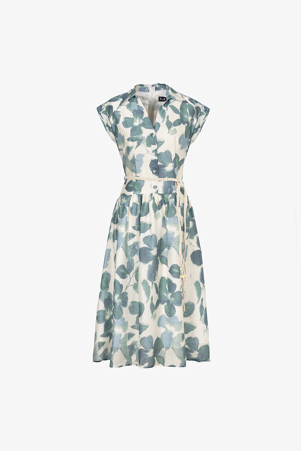 Đầm xoè hoa xanh cổ sơ mi thắt dây eo