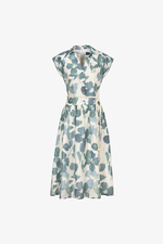 Đầm xoè hoa xanh cổ sơ mi thắt dây eo