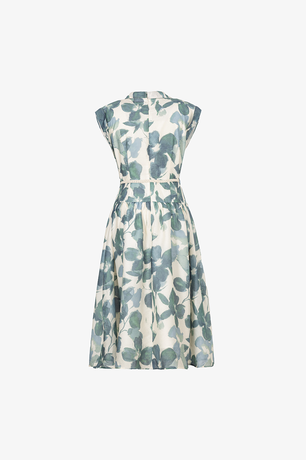 Đầm xoè hoa xanh cổ sơ mi thắt dây eo