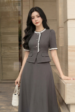 Áo kiểu công sở viền trắng cổ tròn