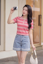 Áo len dệt kim sọc hồng cổ polo