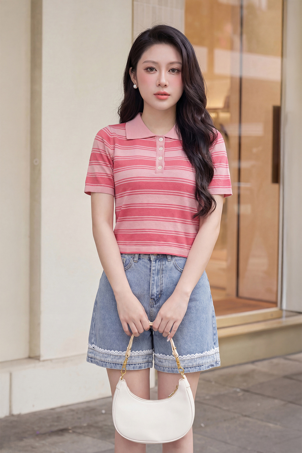 Áo len dệt kim sọc hồng cổ polo