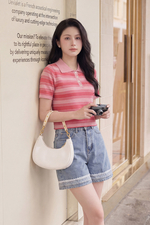 Áo len dệt kim sọc hồng cổ polo