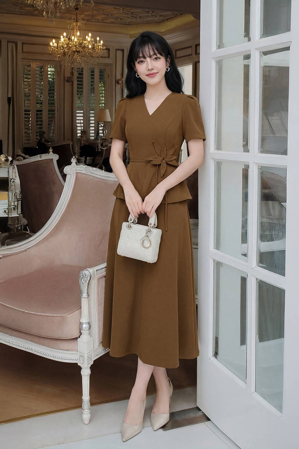 Chân váy công sở dáng xòe chữ A màu nâu