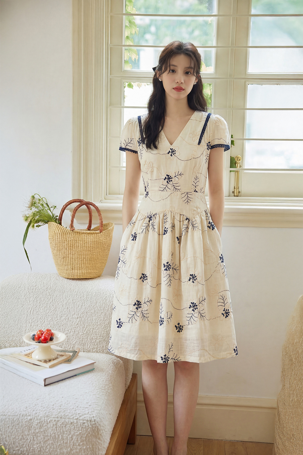 Đầm chữ A linen thêu hoa cổ V phối ren