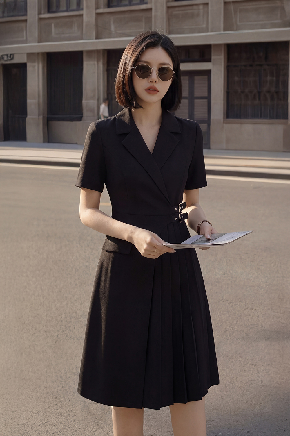 Đầm đen chữ A xếp ly nhấn eo cổ đan tông