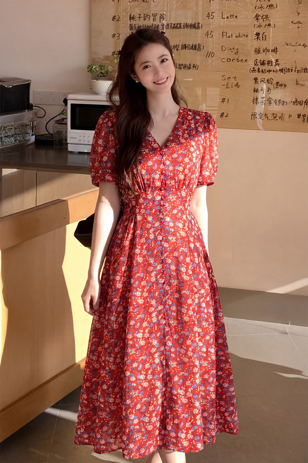 Đầm hoa đỏ dáng xòe cổ V phối nút