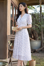 Đầm voan hoa nhí dáng A cổ V thắt nơ