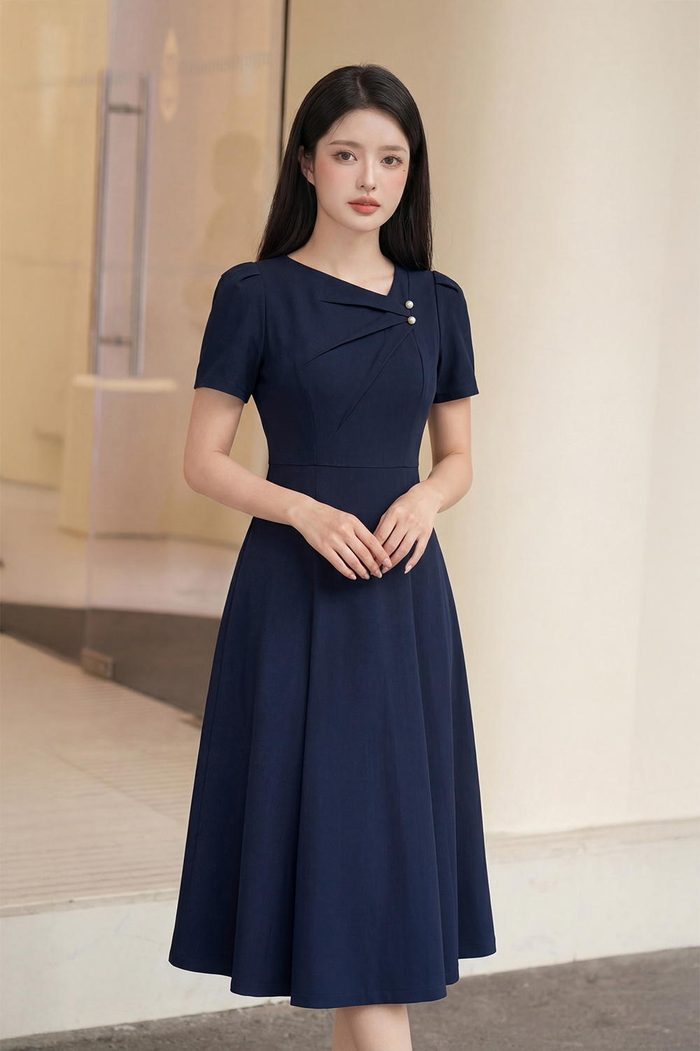 Đầm xòe công sở cổ lệch xếp ly