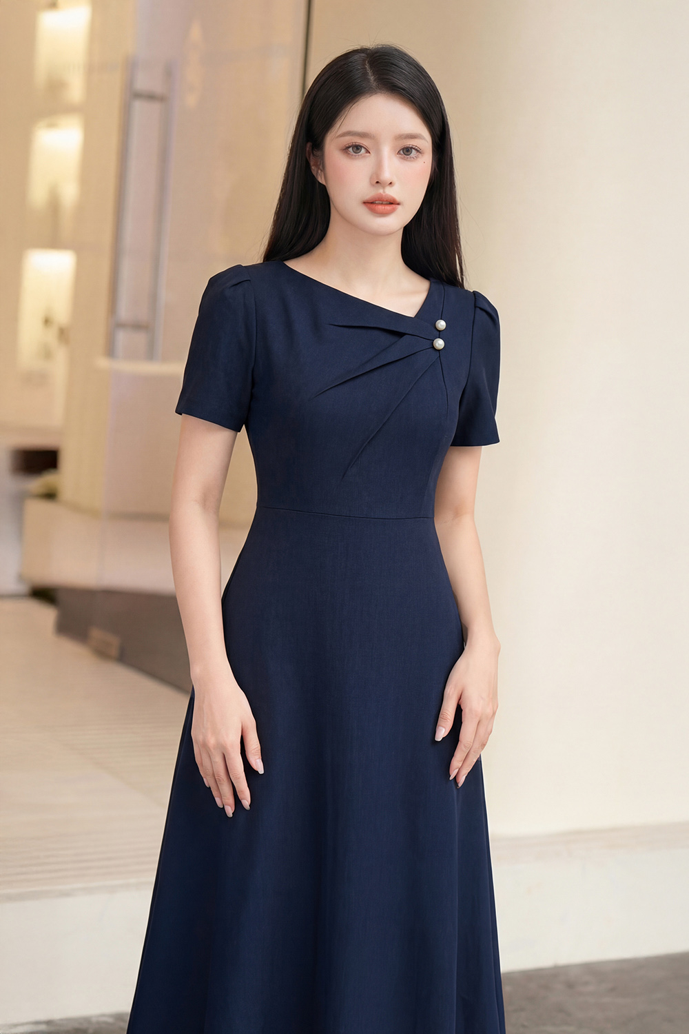 Đầm xòe công sở cổ lệch xếp ly