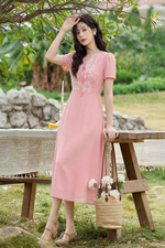 Đầm xòe công sở màu hồng phối ren