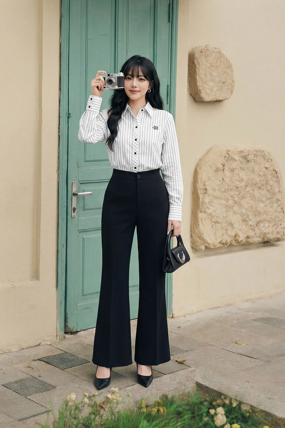 Quần công sở màu đen ống loe nhẹ
