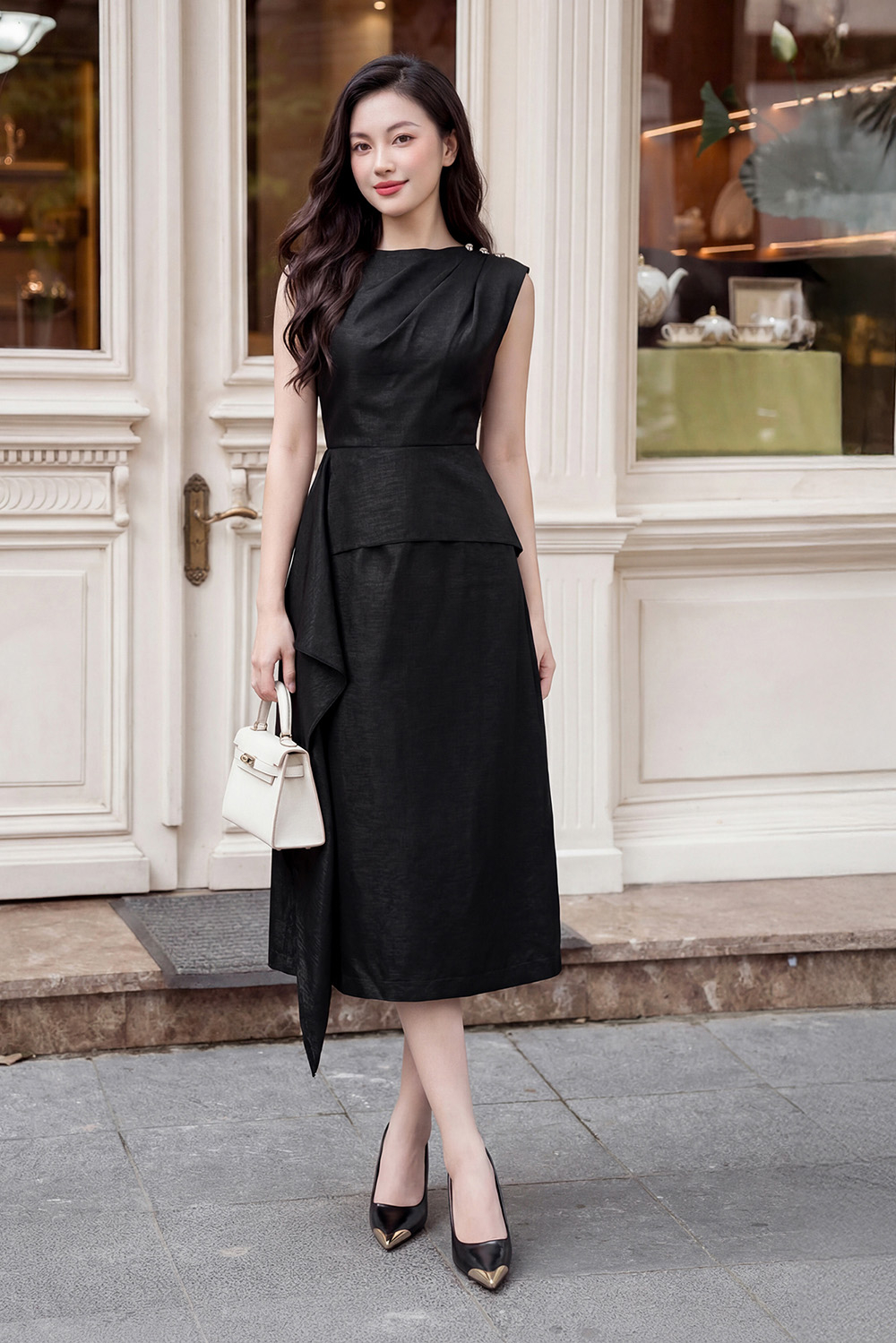 Đầm đen peplum dáng dài tay chờm