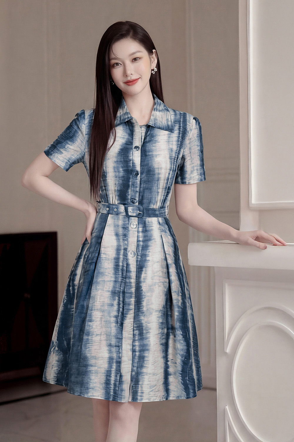 Đầm họa tiết loang cổ sơ mi dáng A thắt lưng