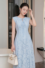 Đầm ren xanh dự tiệc dáng A xòe phối nơ