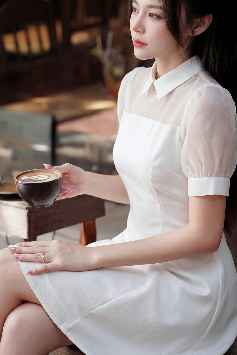 Đầm trắng dáng A xòe cổ sơ mi tay phồng