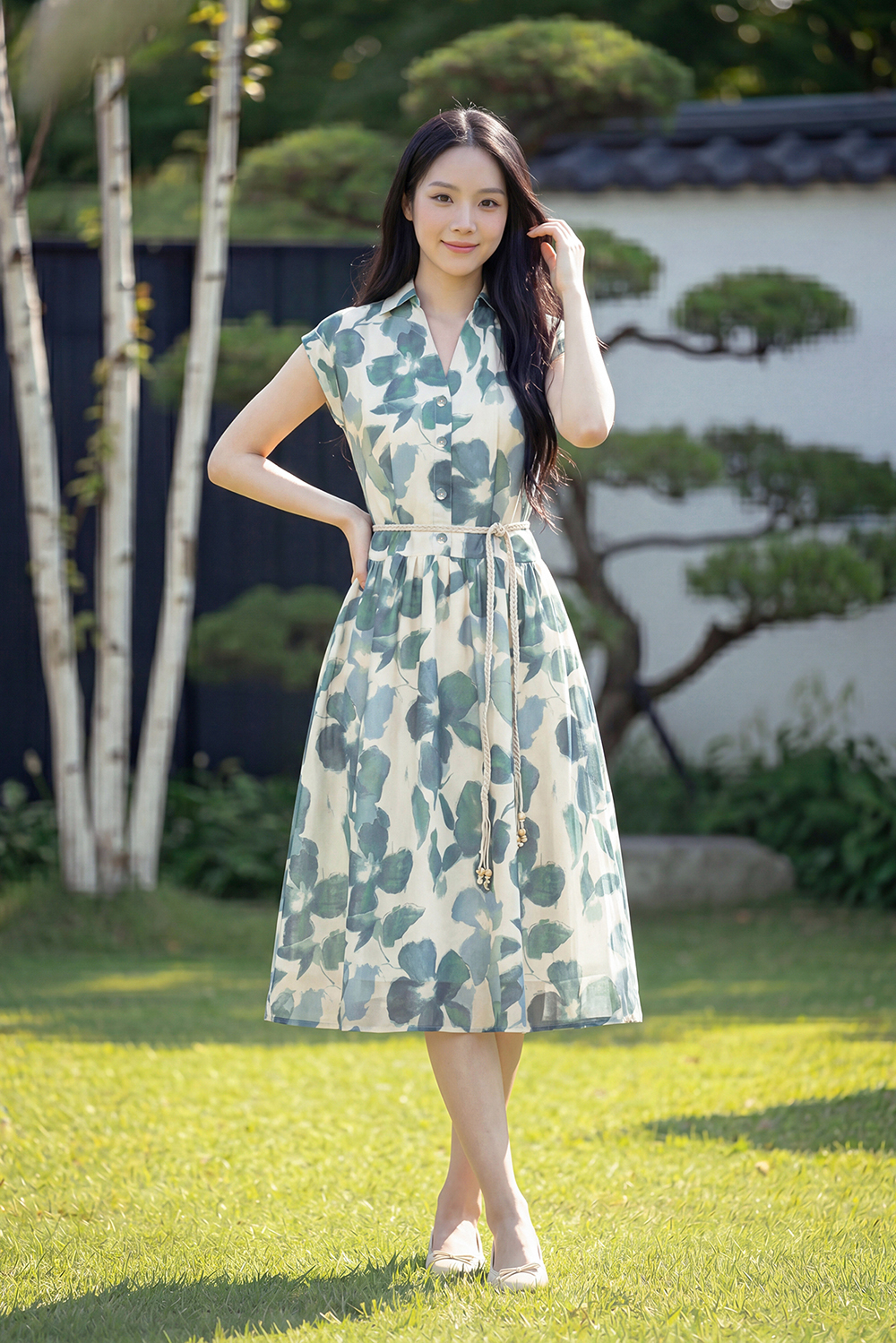 Đầm xoè hoa xanh cổ sơ mi thắt dây eo