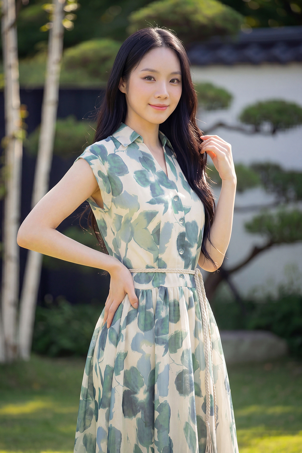 Đầm xoè hoa xanh cổ sơ mi thắt dây eo