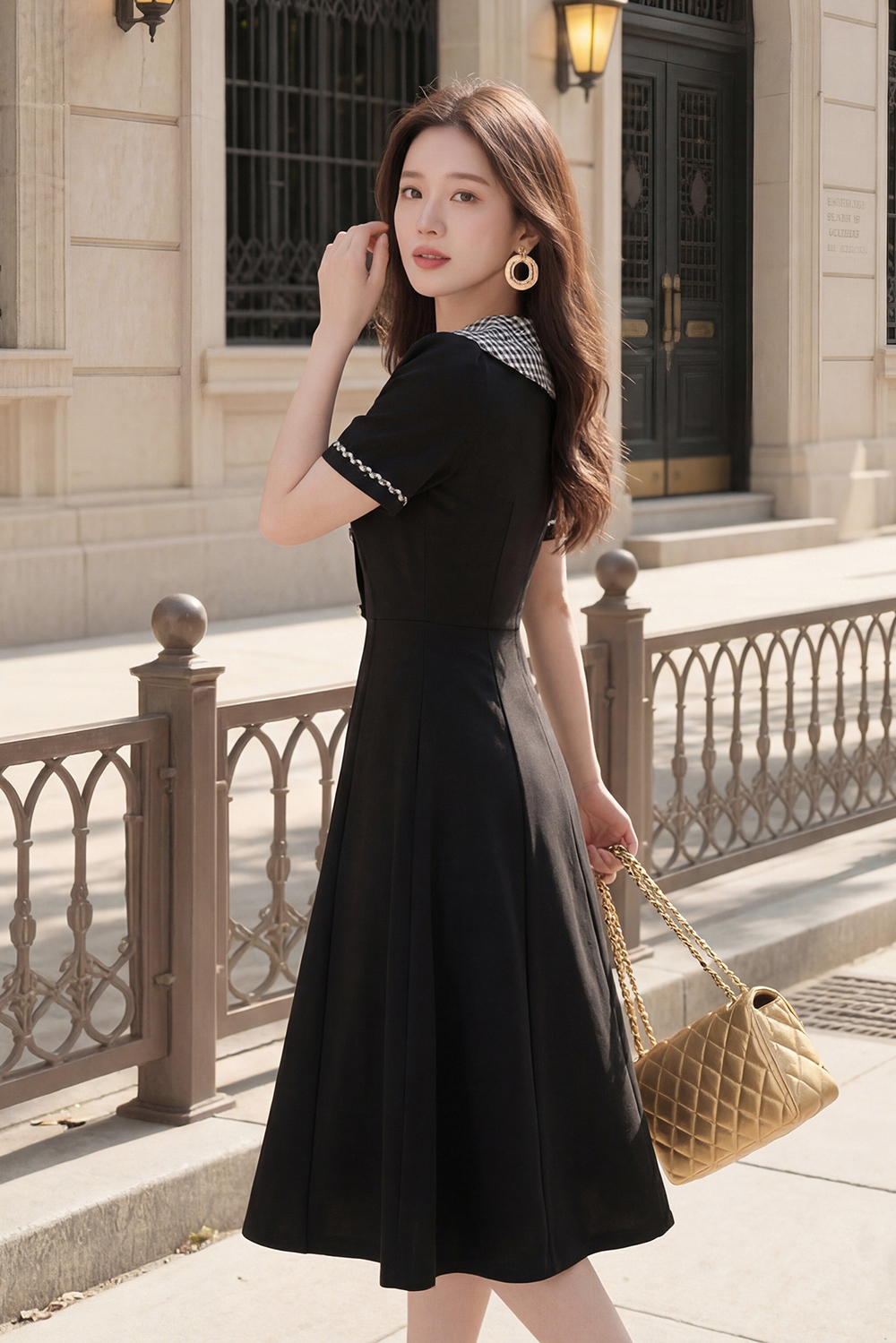 Đầm đen công sở dáng xòe cổ thủy thủ