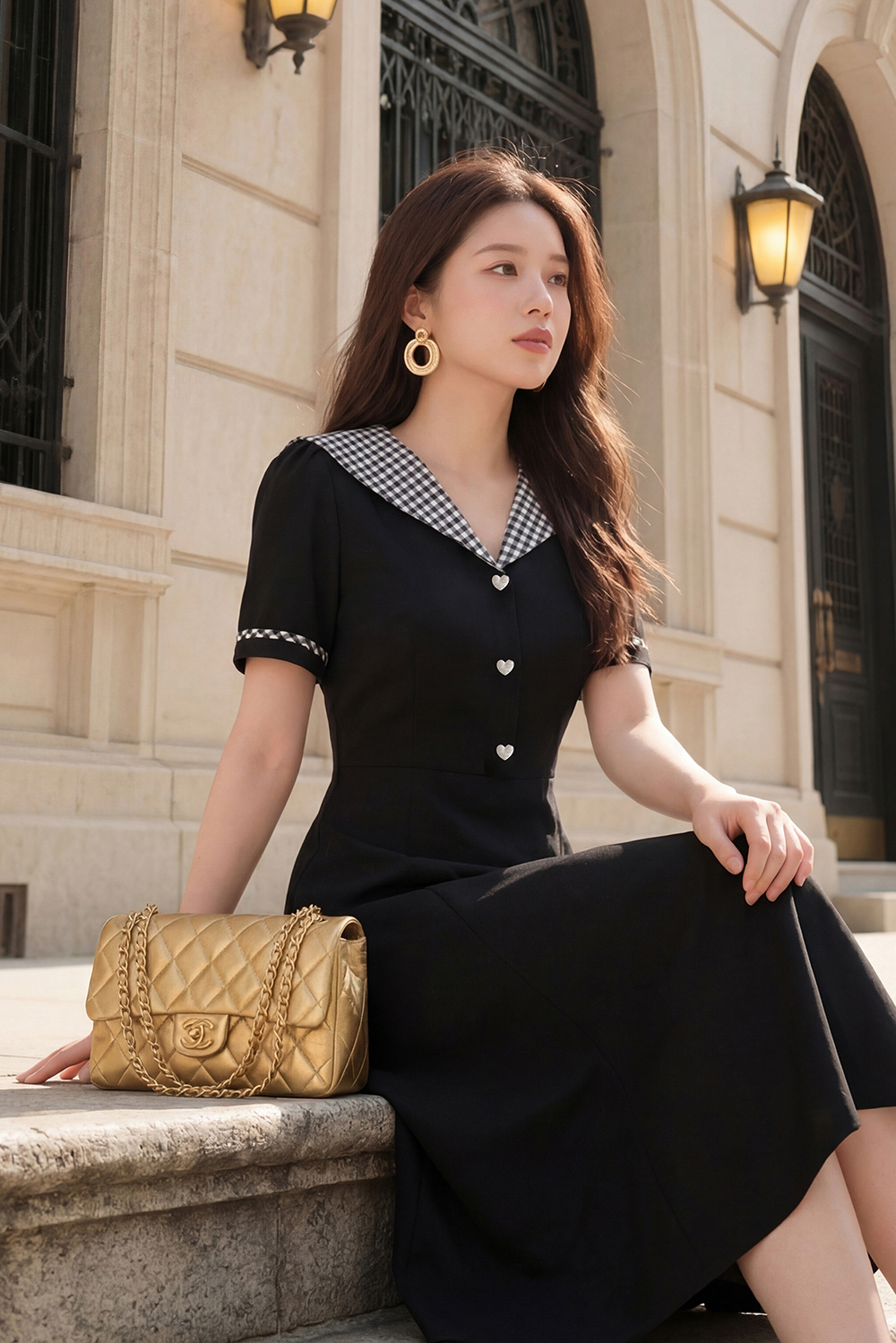 Đầm đen công sở dáng xòe cổ thủy thủ