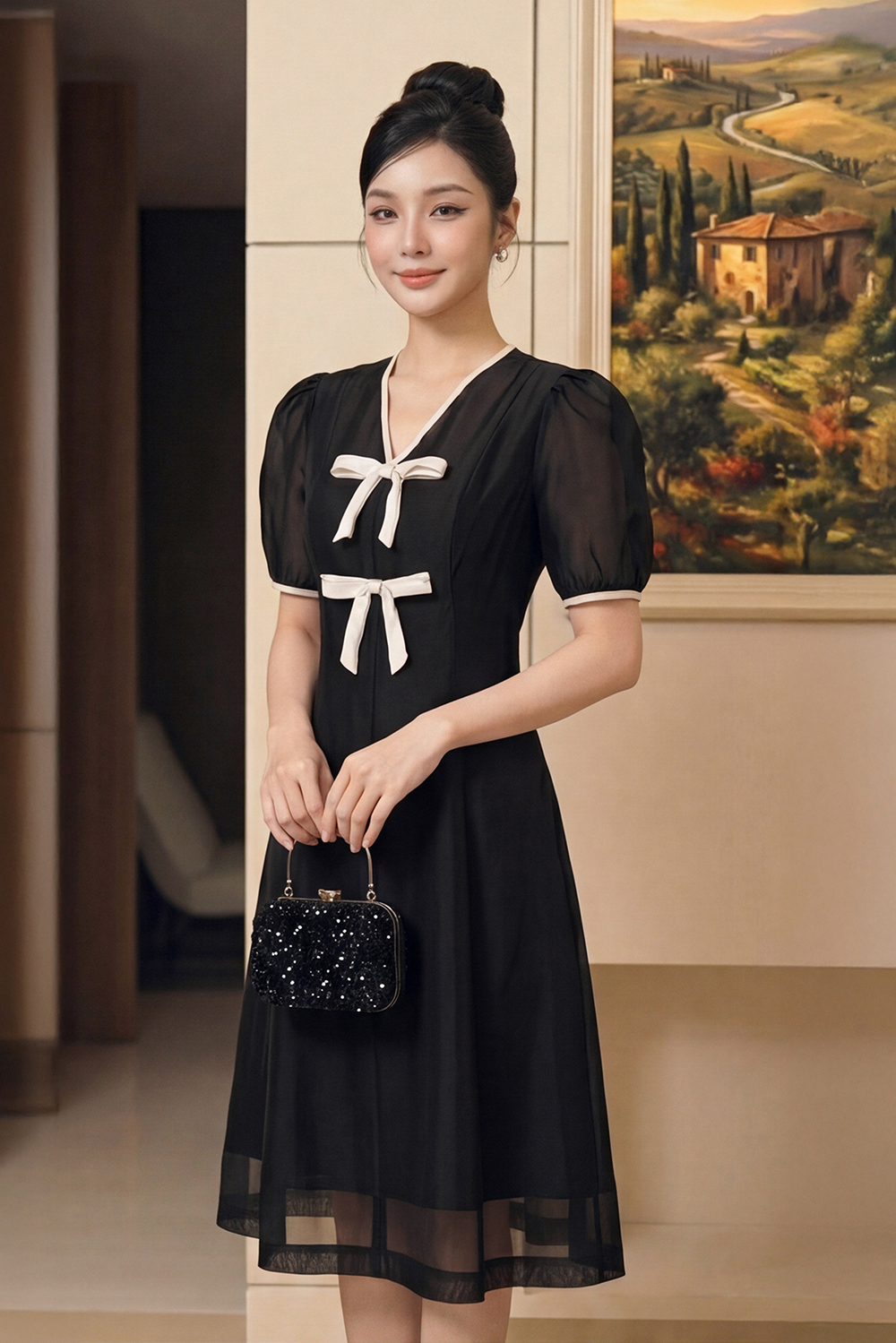 Đầm đen dáng A viền be phối nơ