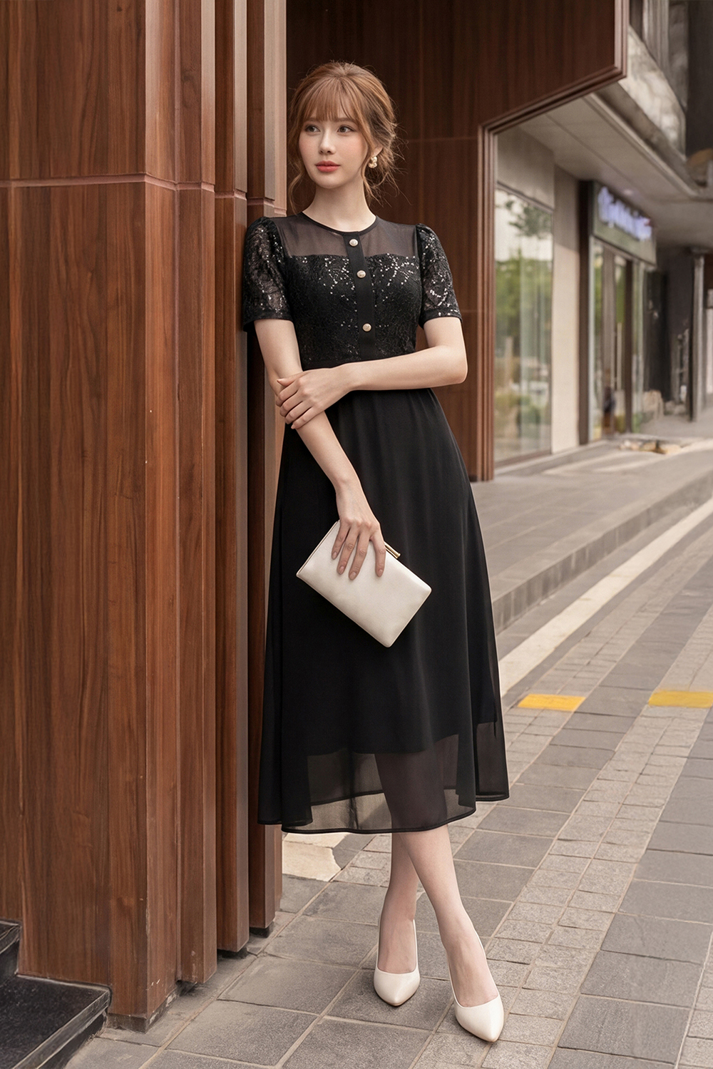 Đầm đen dáng xoè phối ren