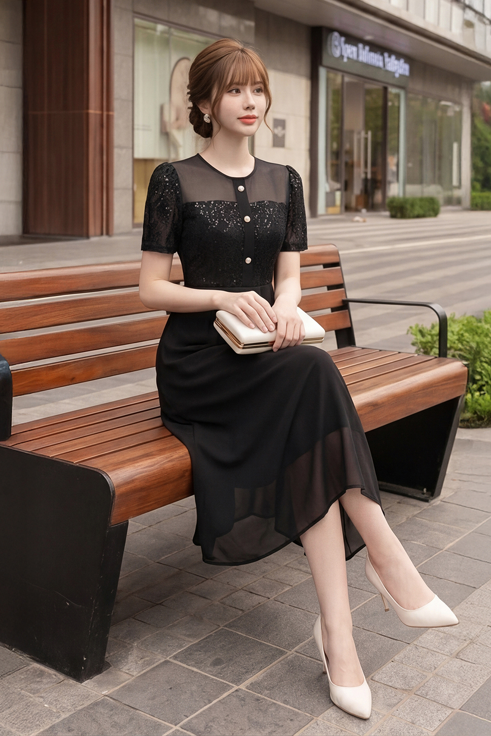 Đầm đen dáng xoè phối ren