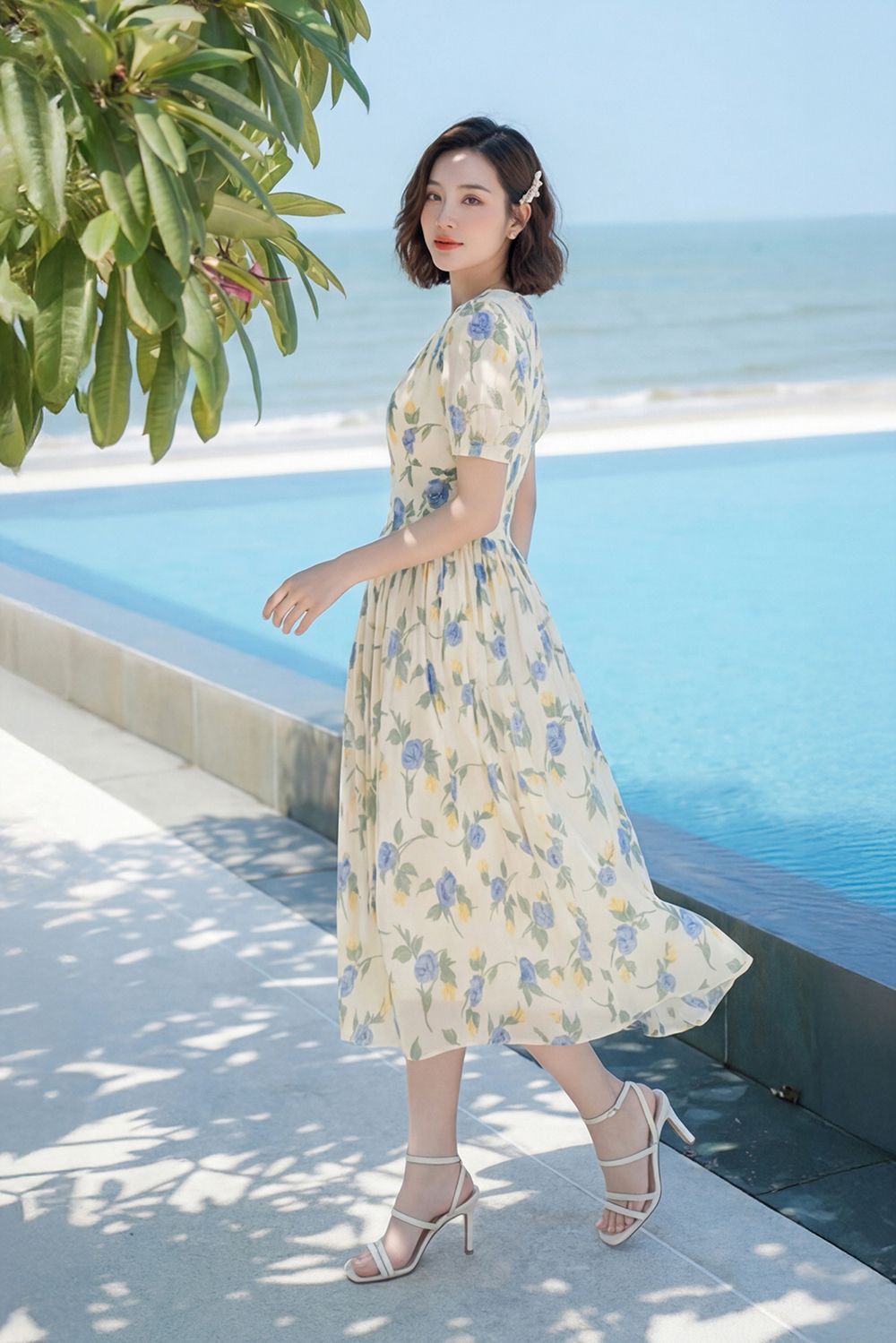 Đầm voan tơ họa tiết hoa dáng xòe