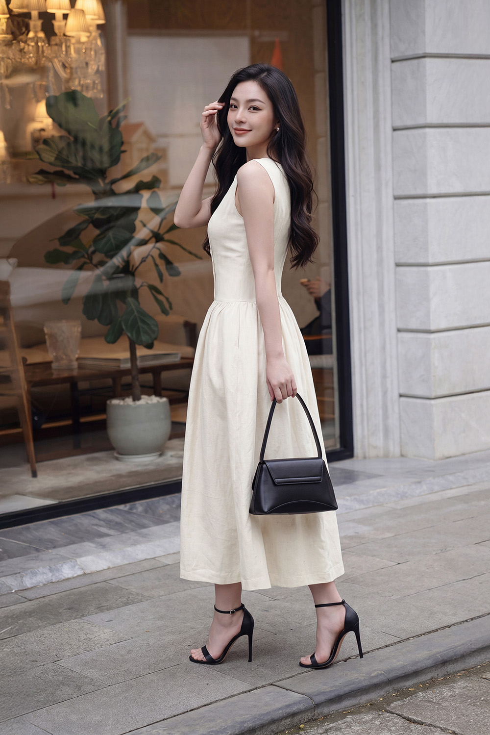 Đầm linen dáng xòe midi sát nách phối nút