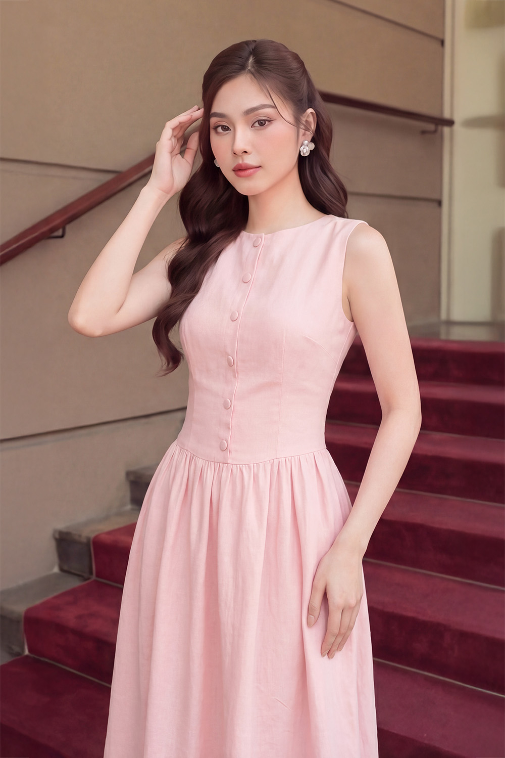 Đầm linen màu hồng dáng dài