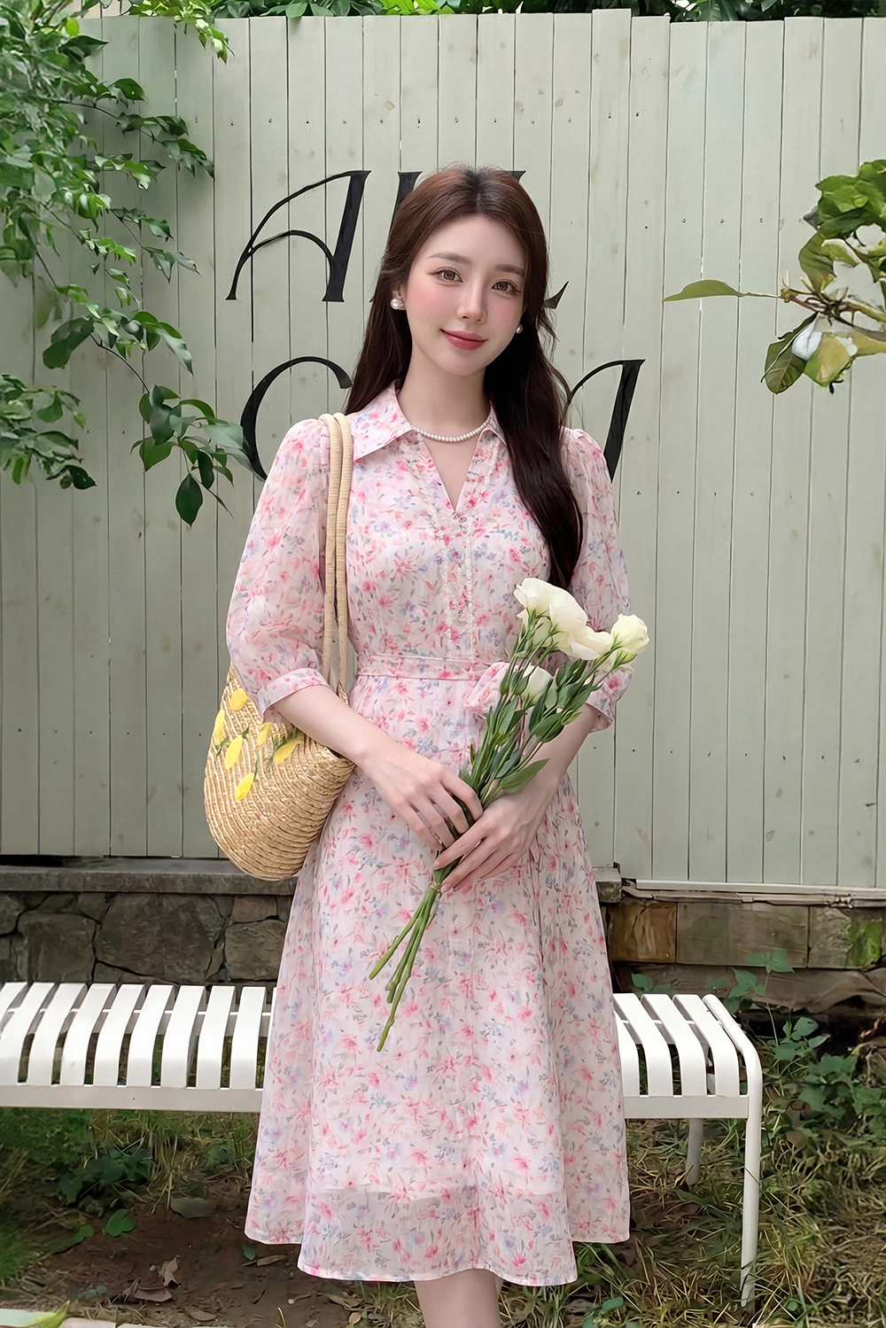 Đầm hoa dáng xoè nhấn eo nơ