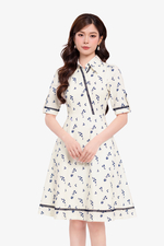 Đầm xòe hoa nhí cổ sơ mi viền đăng ten