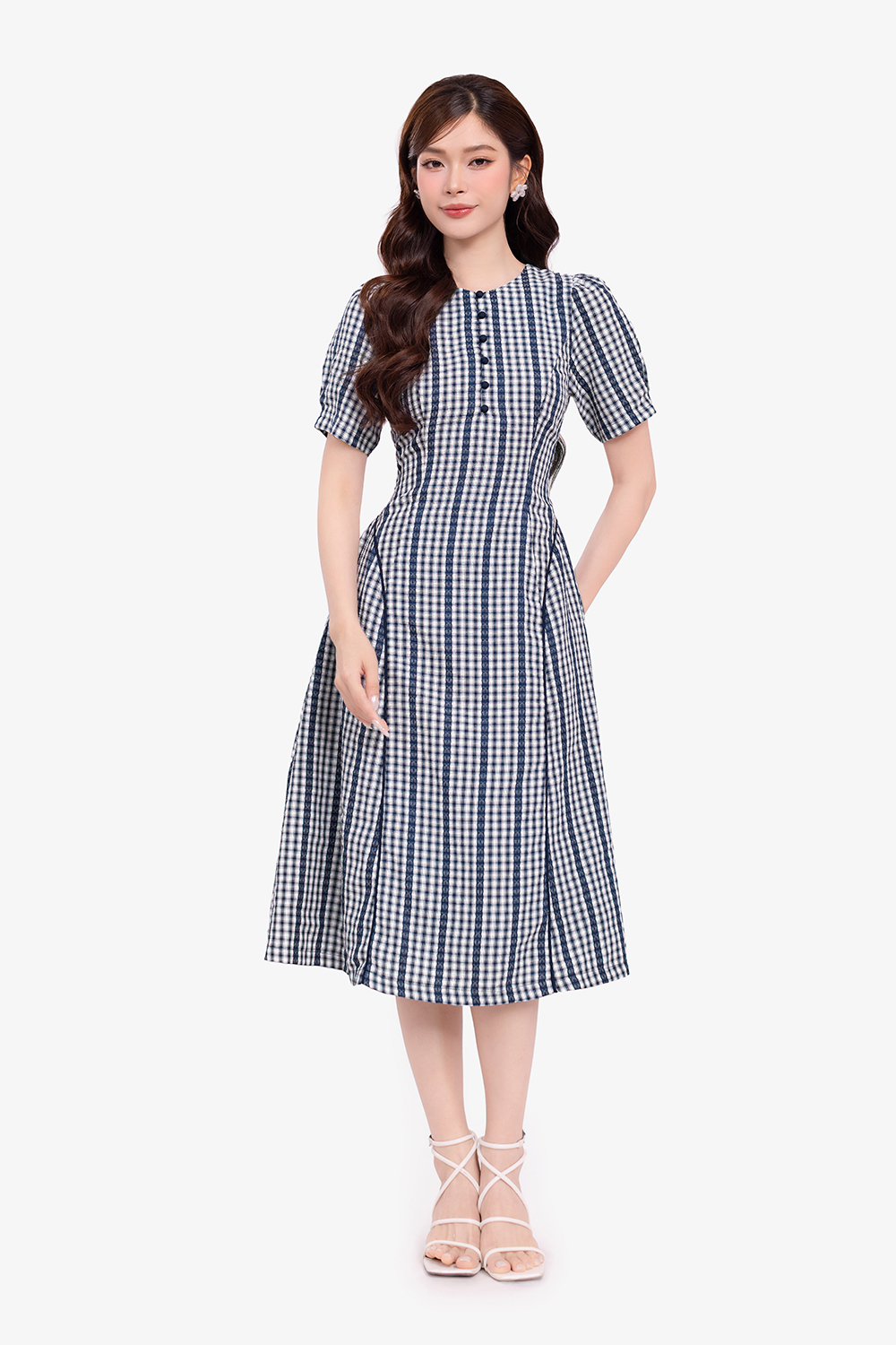 Đầm caro phối sọc dáng xòe chữ A