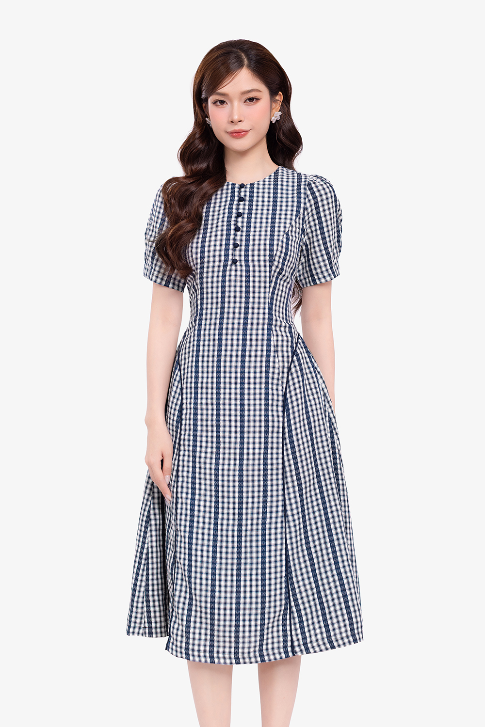 Đầm caro phối sọc dáng xòe chữ A