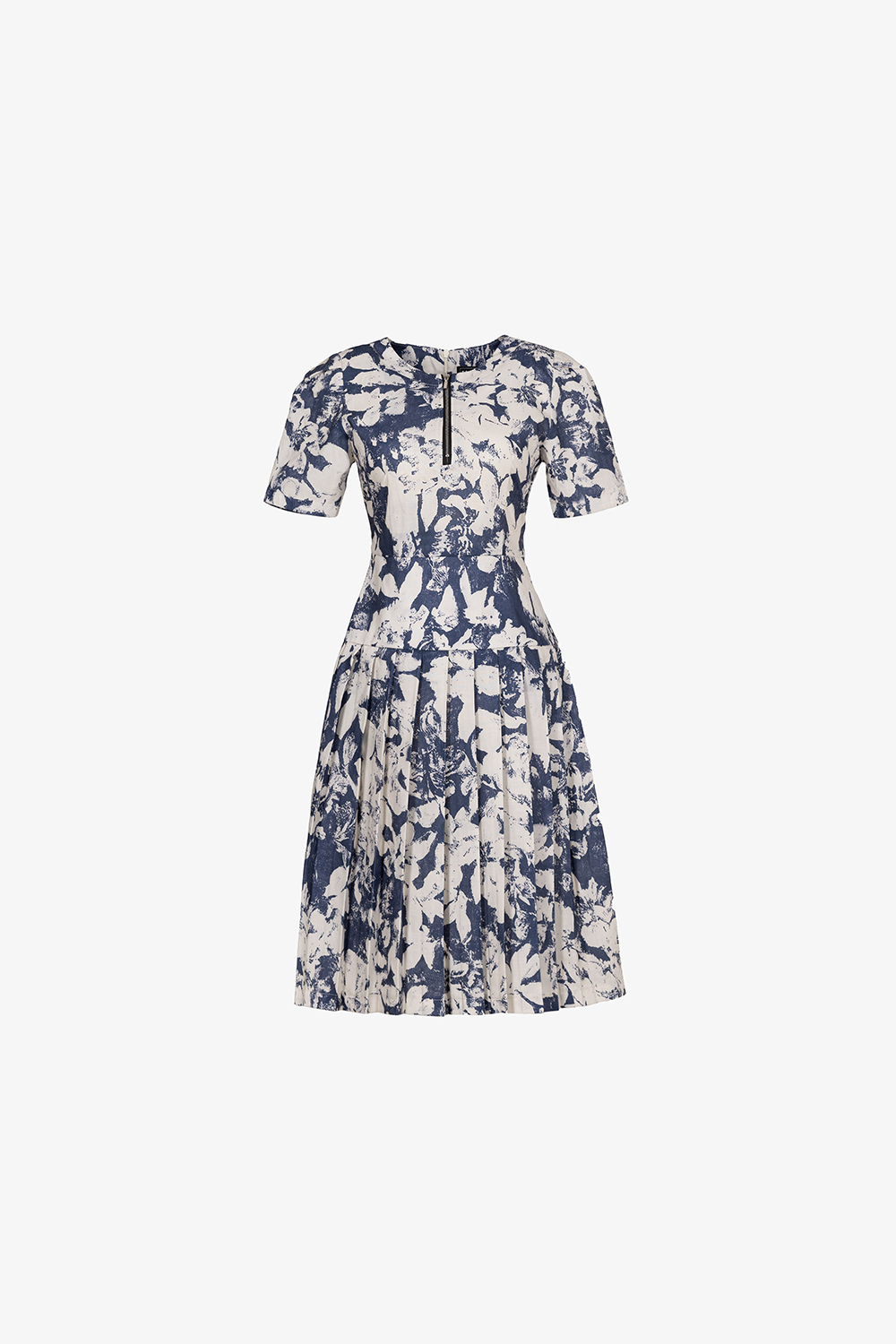 Đầm hoa dáng xòe xếp ly phối khóa kéo