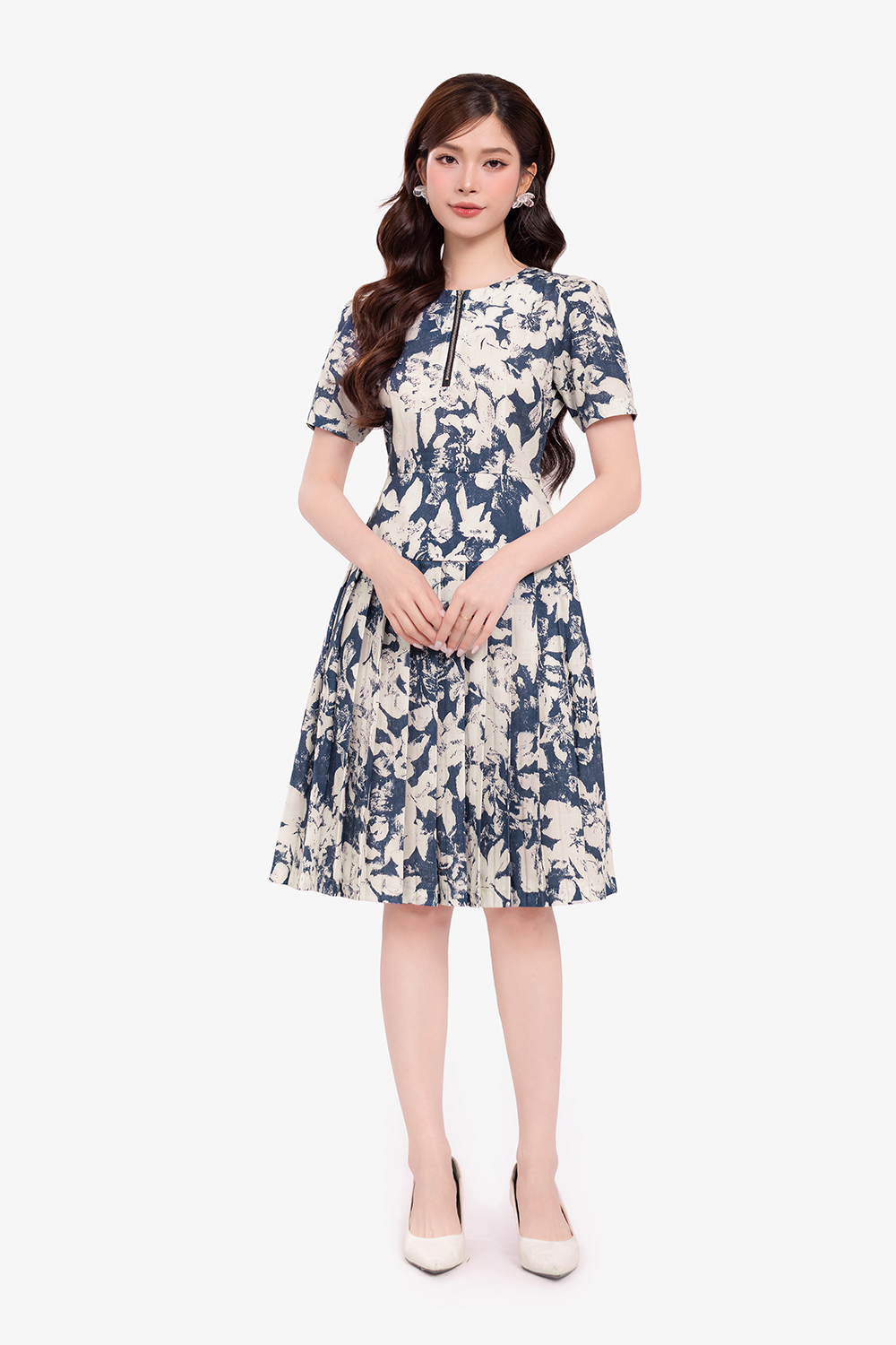 Đầm hoa dáng xòe xếp ly phối khóa kéo