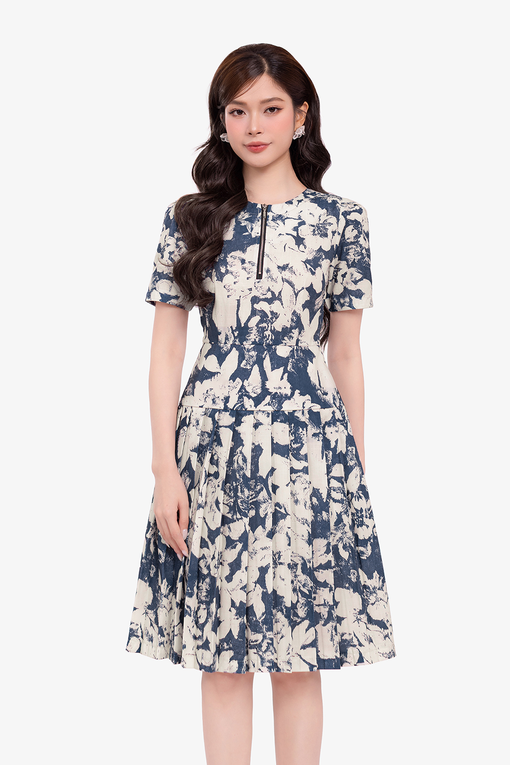 Đầm hoa dáng xòe xếp ly phối khóa kéo