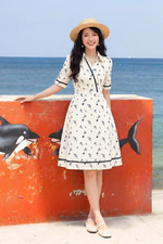 Đầm xòe hoa nhí cổ sơ mi viền đăng ten