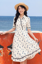 Đầm xòe hoa nhí cổ sơ mi viền đăng ten