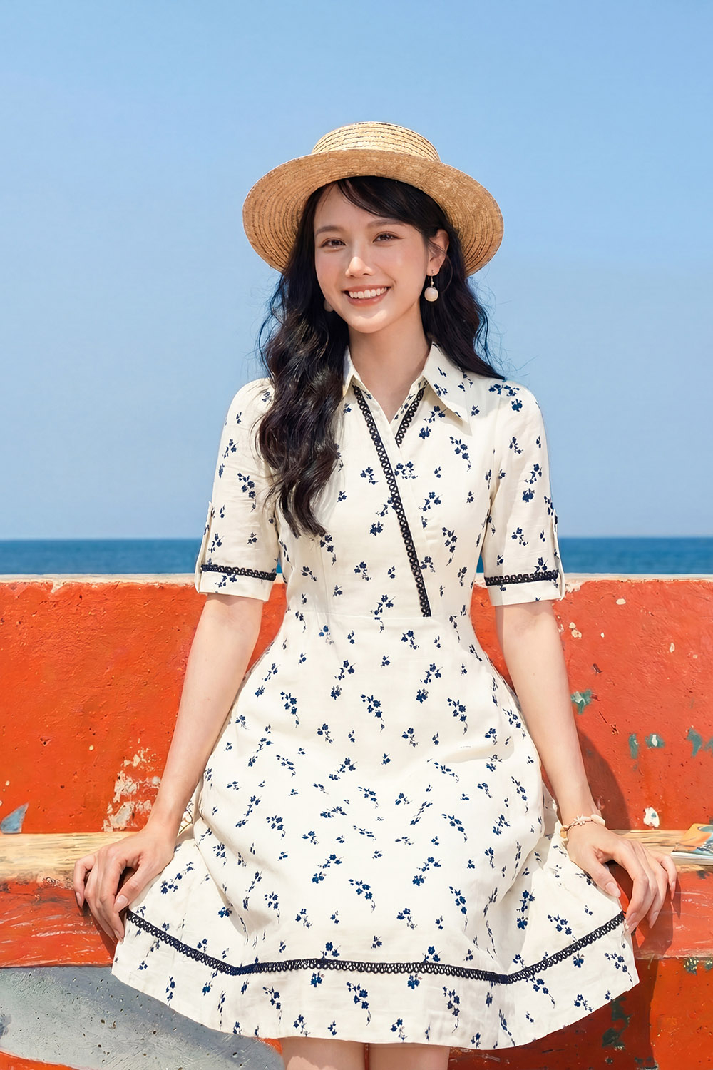 Đầm xòe hoa nhí cổ sơ mi viền đăng ten