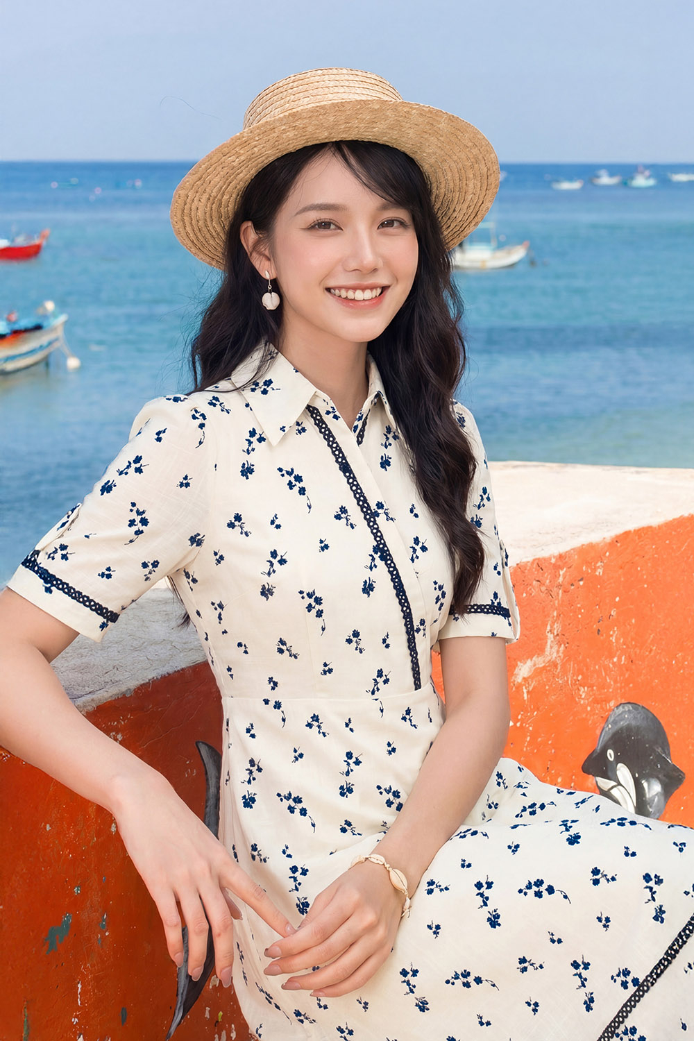 Đầm xòe hoa nhí cổ sơ mi viền đăng ten