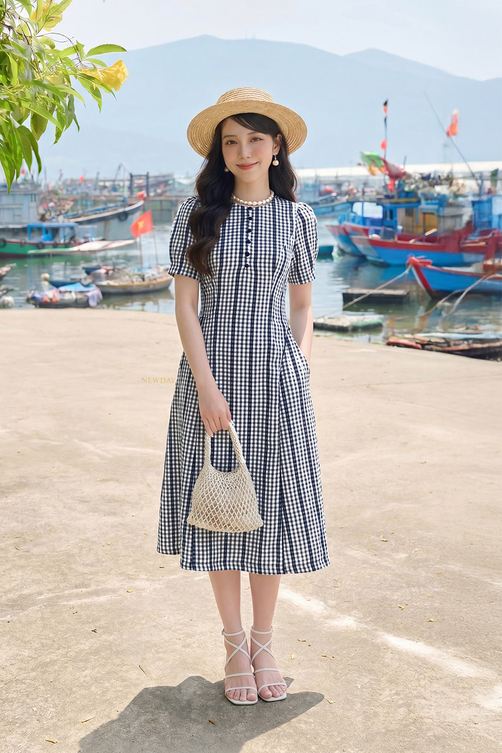 Đầm caro phối sọc dáng xòe chữ A