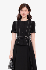 Áo đen peplum phối chỉ trắng kèm đai eo