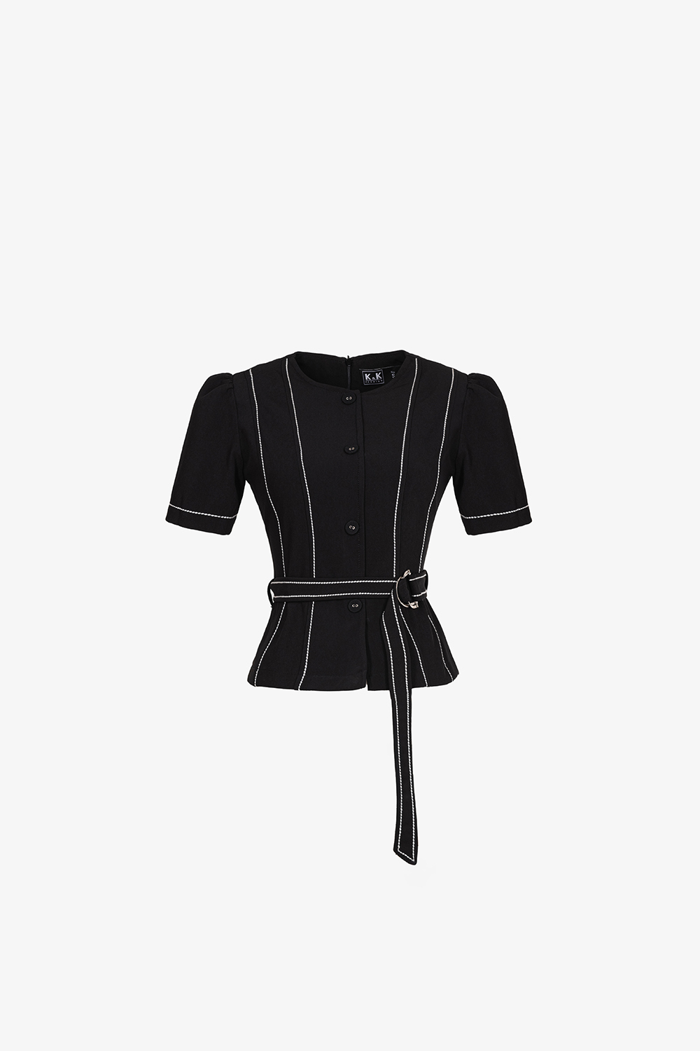 Áo đen peplum phối chỉ trắng kèm đai eo